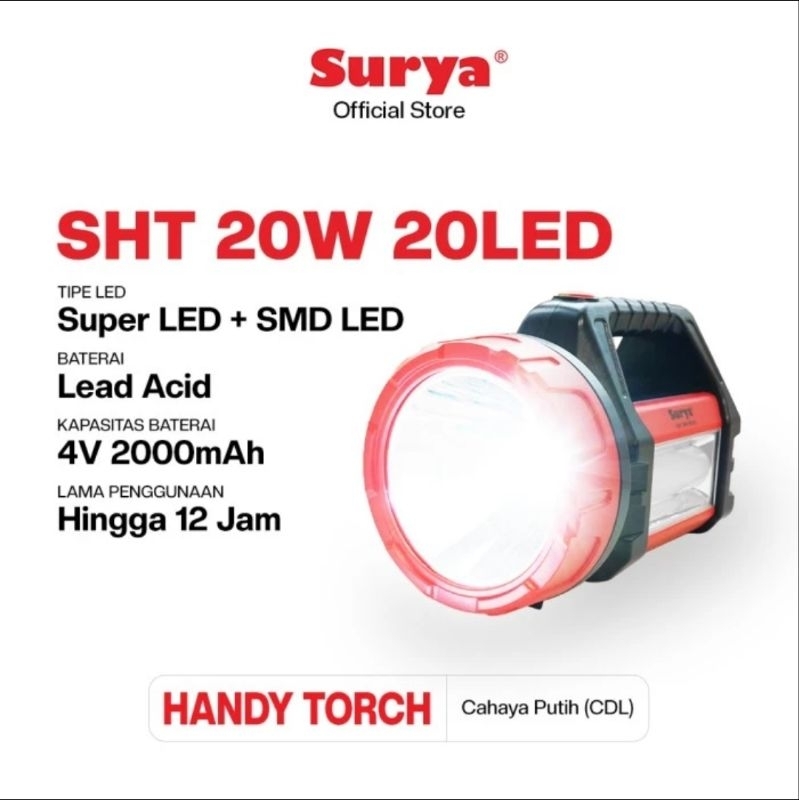 SURYA LAMPU SENTER BESAR LED SHT 20W 20LED + LAMPU EMERGENCY RECHARGEABLE