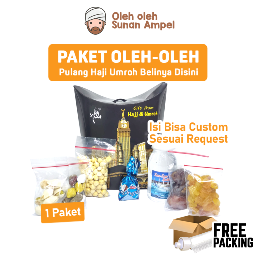 

PAKET SOUVENIR OLEH OLEH HAJI UMROH Kemasan Tas Jinjing Isi Air Zam Zam Kurma Kismis Kacang Arab