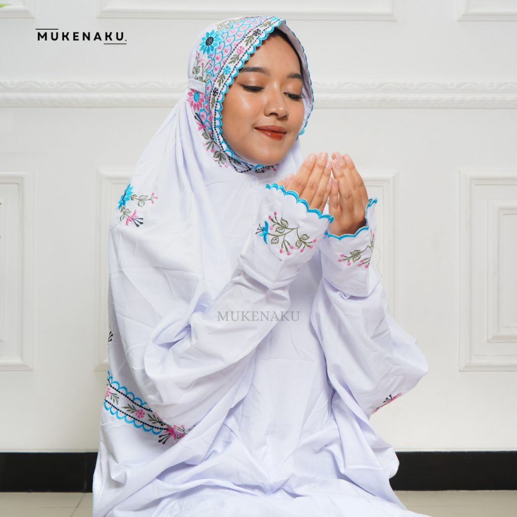 Mukena Terusan Putih Bordir Katun Mikro Motif Mukenaku