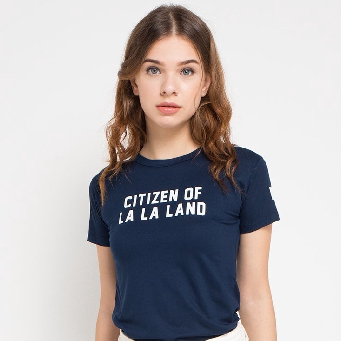 LT646K Kaos Crop Top Slim Fit Tshirt Wanita Instacool RCP Pendek Tulisan "Citizen Of Lalaland" Navy