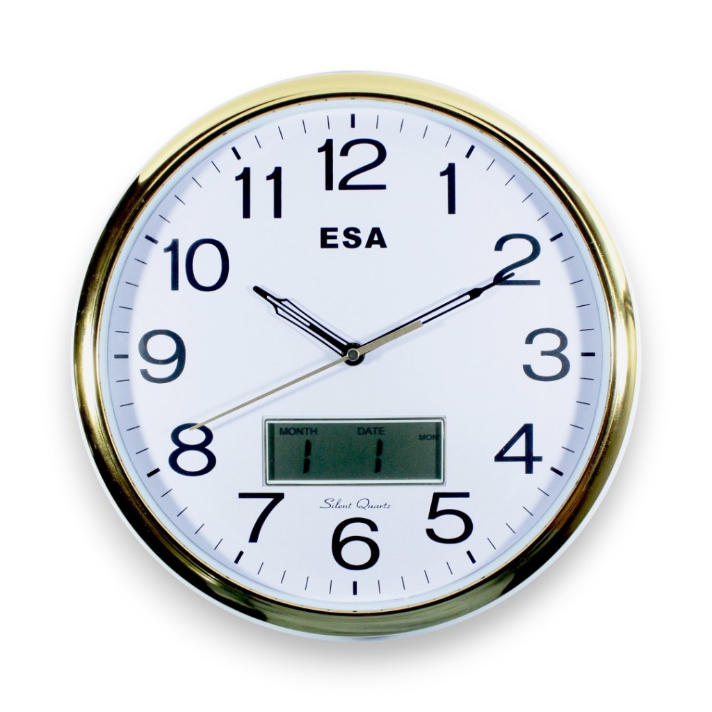 ESA Jam Dinding Kalender Digital Tanggal Hari Bulan 33cm Silent Movement 336