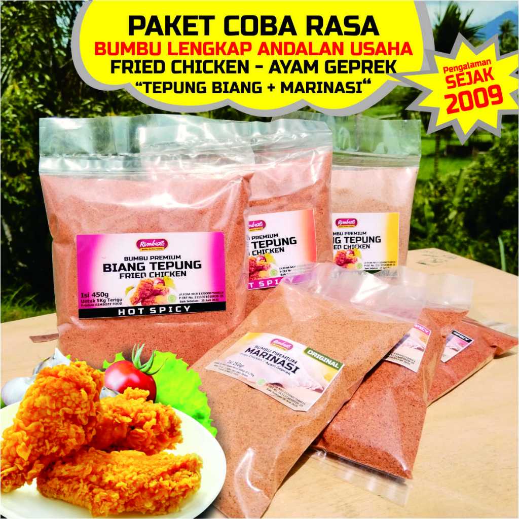 

Paket TESTER bumbu fried chicken ala KFC, Coba rasa bumbu Biang tepung dan Marinasi Premium RIMBOZZ