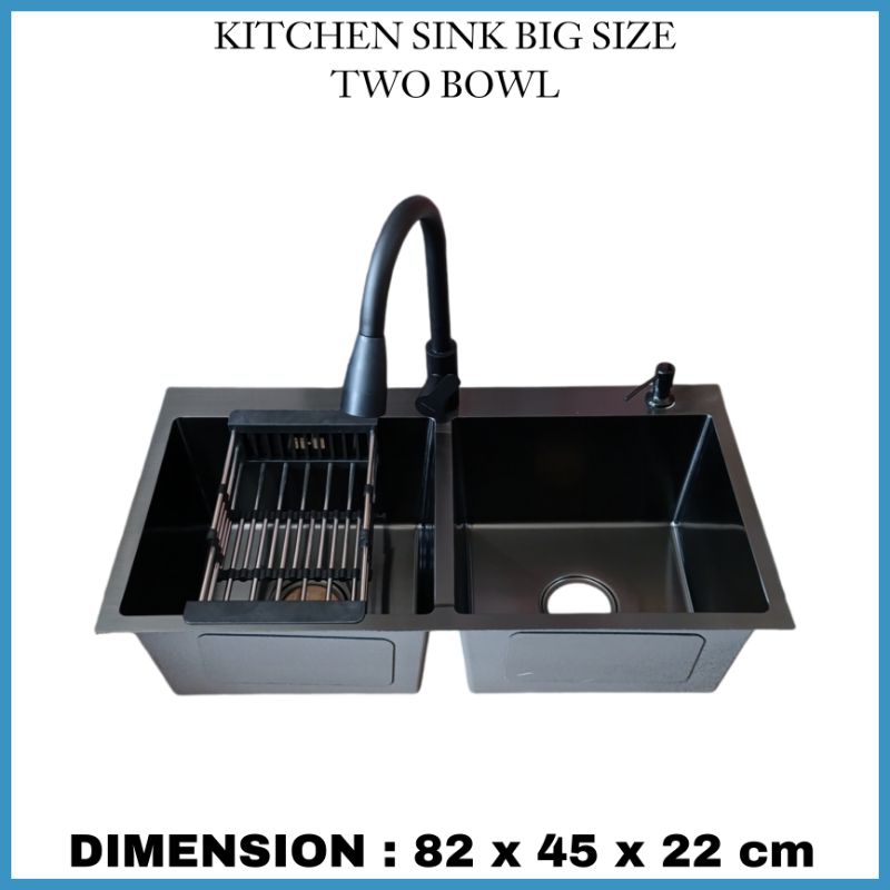 kitchen sink black ukuran 8245/bak cuci piring hitam paket lengkap/kitchen sink 2 bowl/bak cuci piri