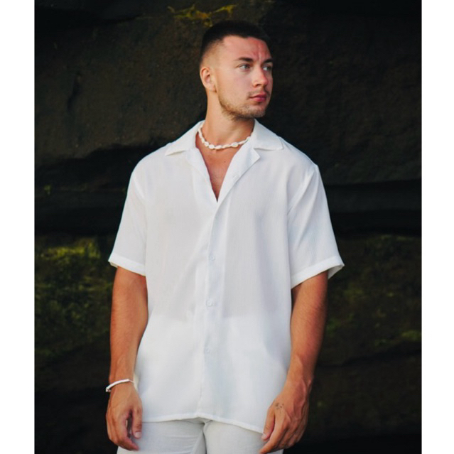 BEACHWELL Kemeja Pria Kasual Putih Hitam Polos Premium Reguler Casual Kemeja Pantai Crinkle - Sella 