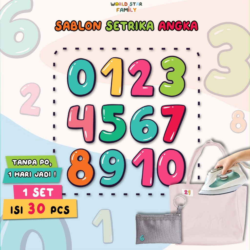 

WSF Stiker Kain ANGKA AESTHETIC NUMBER SERIES ukuran A4 Souvenir Ulang Tahun 1 set Isi 30 pcs Sablon setrika Stiker label STIKER LABEL BAJU MURAH Sablon DTF