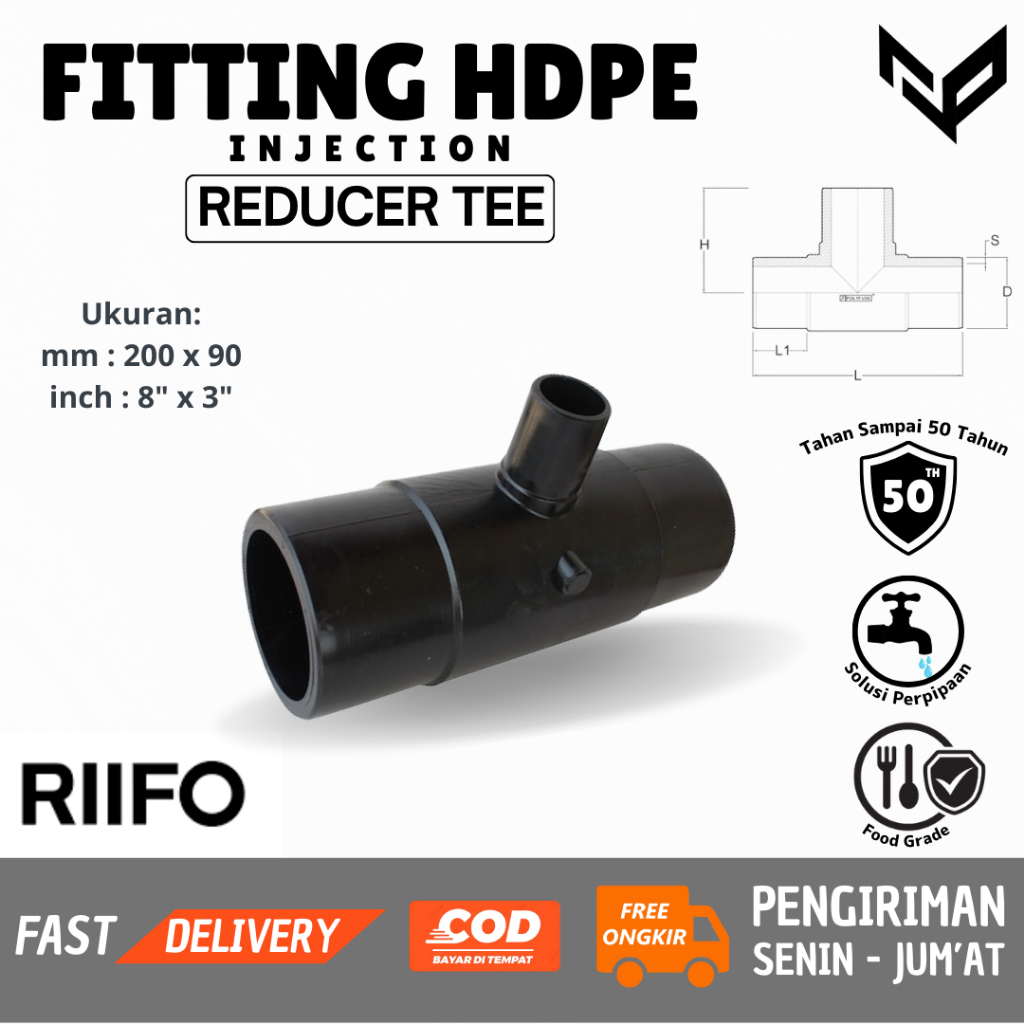 Reducer Tee Injection Butt Fusion PN 10 200 x 90mm ~ 8" x 3" Inch HDPE