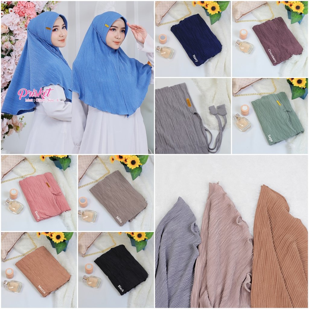 Jilbab instan Plisket pet ukuran L, XL Bergo Kerudung pad Bahan Jersey Glitter Prisket lembut premiu