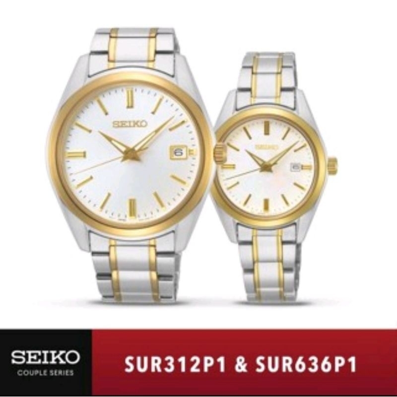 Jam Tangan Couple Seiko SUR312P1 & SUR636P1 Quartz Silver Gold Stainless Original