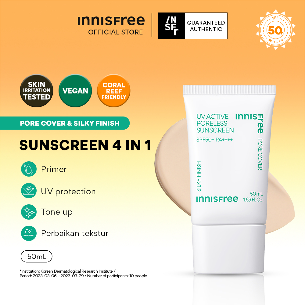 Innisfree UV Active Poreless Sunscreen SPF50+ PA++++ 50ml - Sunscreen untuk Menyamarkan dan Merawat 