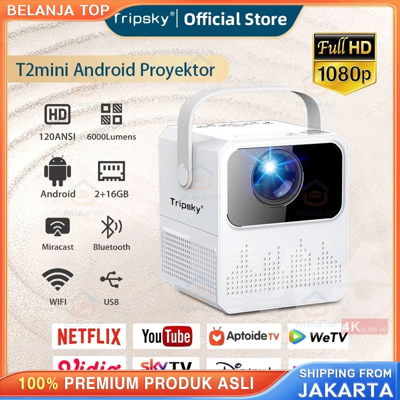 Tripsky T2mini Proyektor Android TV 1080P Smart Projector 6000 Lumen Android Proyektor TV T2mini 600