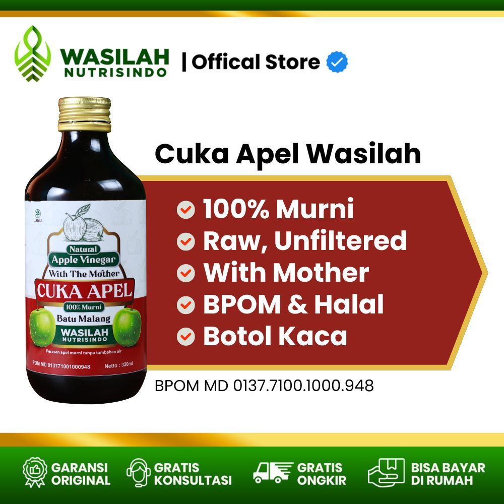 

WASILAH Cuka Apel Malang - 100% Murni - Raw, Unfiltered, With Mother - 320 ml - BPOM - Botol Kaca