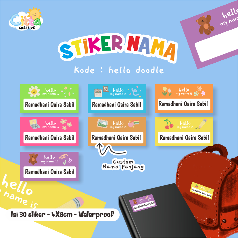 

cittacreative (isi 40) Stiker Nama Kode Hello Doodle Sekolah Anak Remaja Label Buku