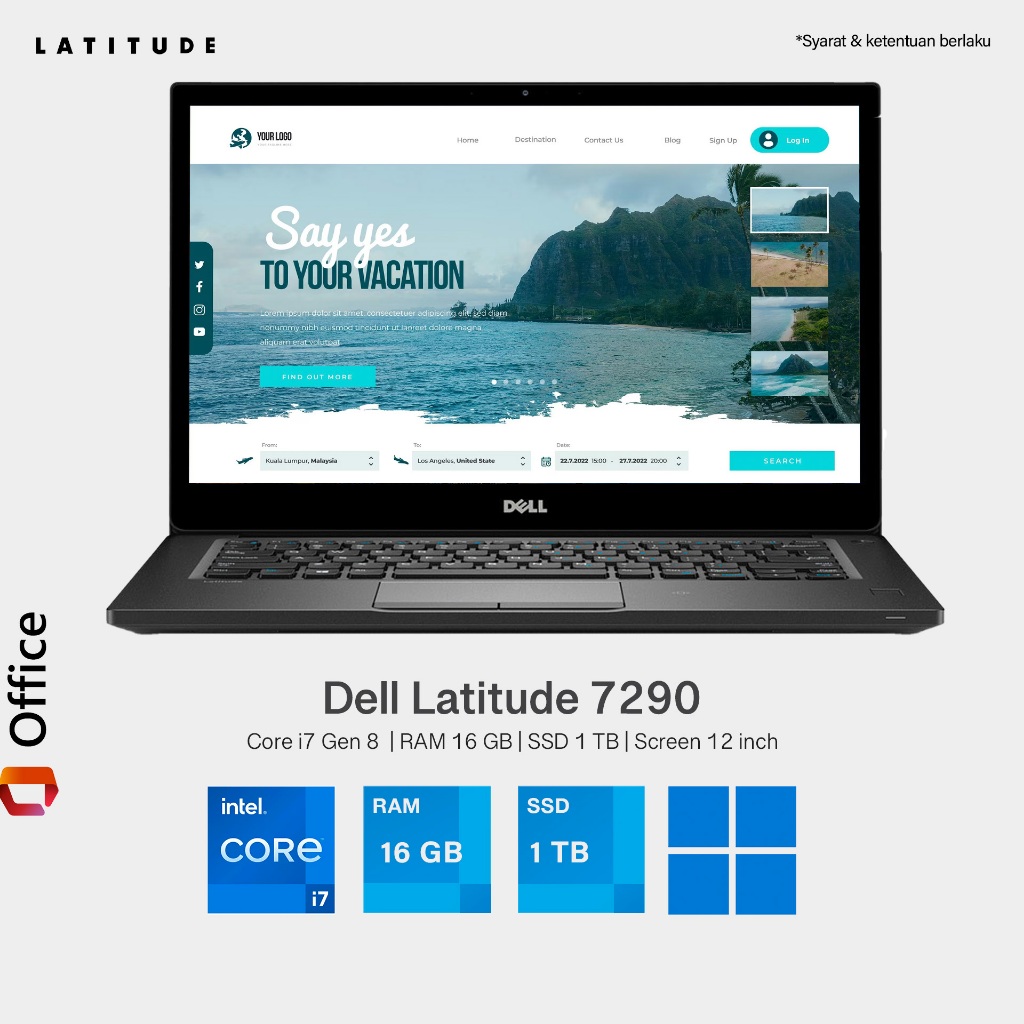 LAPTOP Dell 7290 Core i7 Gen 8 Ram 16 GB SSD 1 TB Layar 12 inch