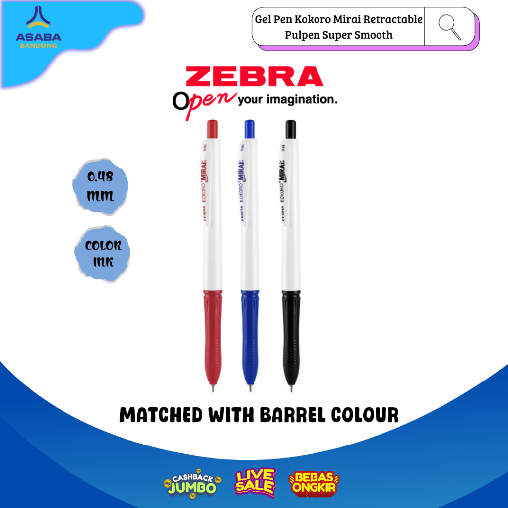 

Asaba Bandung - Zebra Gel Pen Kokoro Mirai Retractable Pulpen Super Smooth 0.48mm / SET 12 / LUSIN