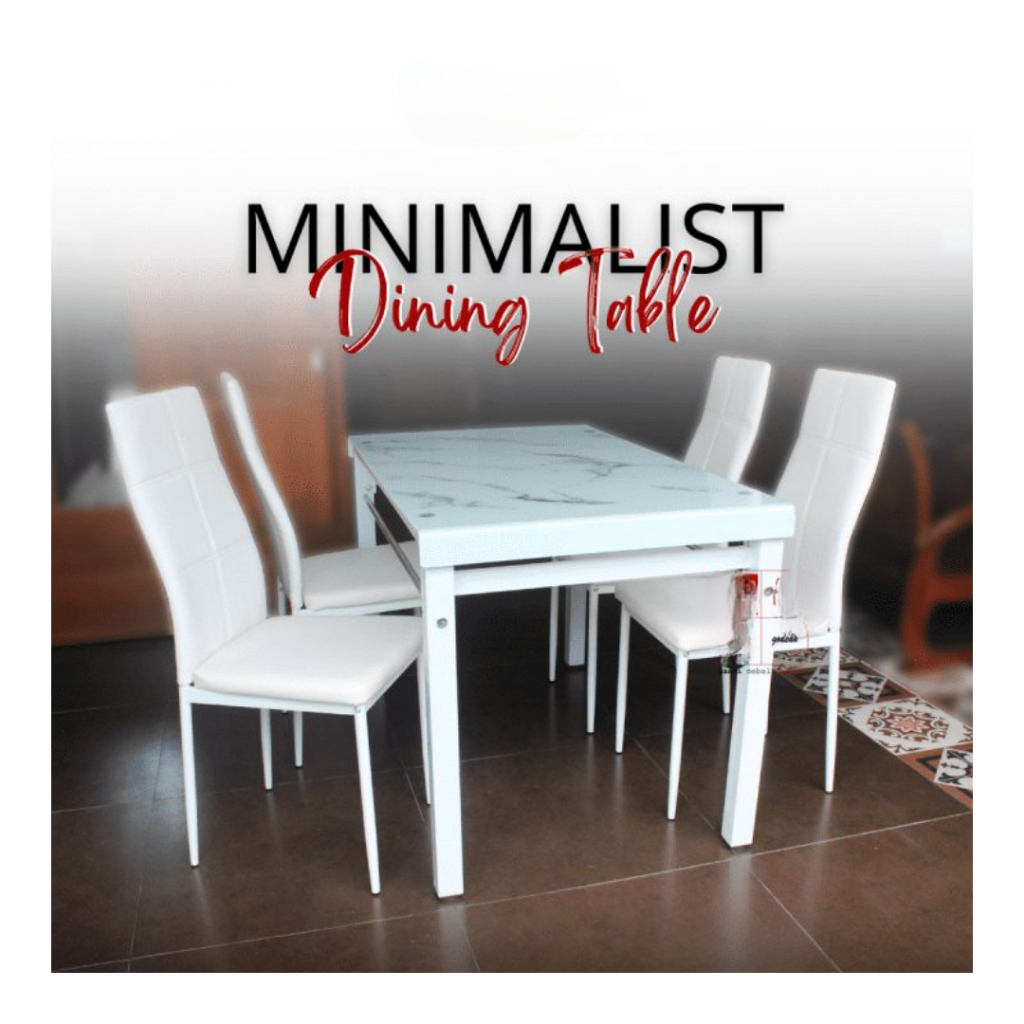 MEJA MAKAN KACA MARMER MEJA MAKAN KACA MARBLE 4 KURSI KAKI BESI SERANG