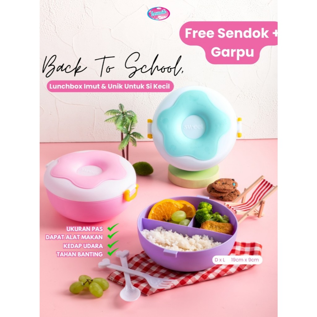 1 Pcs - FREE SENDOK GARPU - Lunch Box Donat Tempat Makan Lovenia - 3 Warna, Plastik Tebal