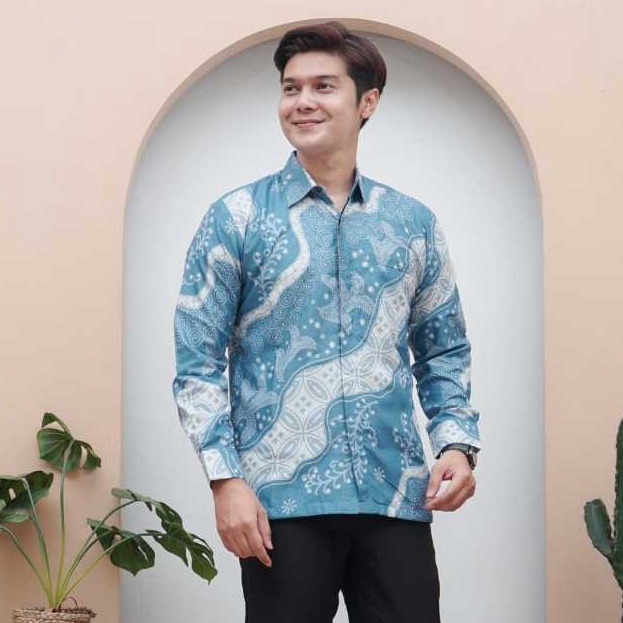 KODE B37F Batik Semarmesem  Kemeja Baju Batik Pria Lengan Panjang Size M L XL XXL Biru Langit Motif 