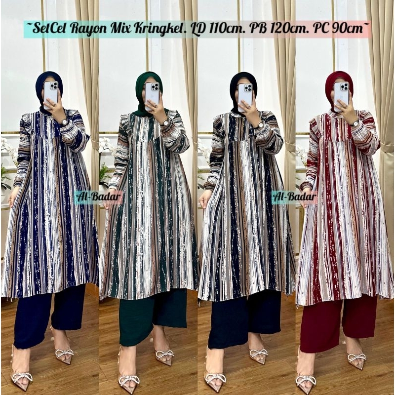 SETCEL Wanita Long Tunik Rayon Viscose Premium Motif Salur Mewah