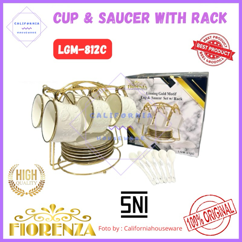 Cup & Saucer With Rack 12 pcs Linning Gold Motif / Cangkir Set 12pcs Porcelain / Cup & Saucer Linnin