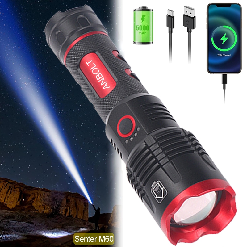 Anbolt M60 Senter LED Super Terang 120000 Lumens Zoomable Senter Anti Air 4 Light Mode Senter jarak