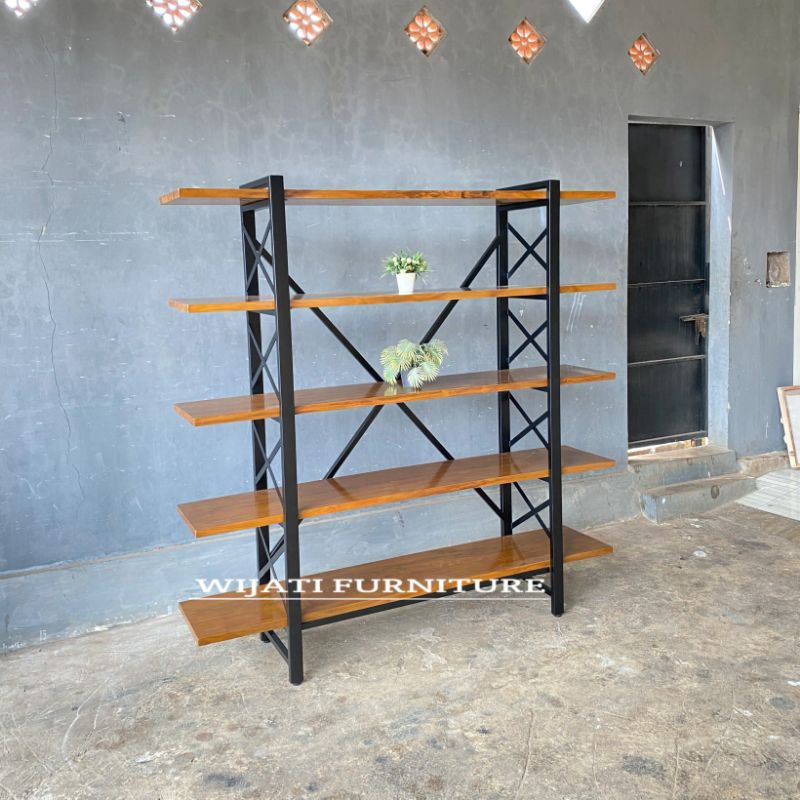 Rak Besi Industrial Kayu Jati Minimalis , Rak Susun Jati Besi Modern