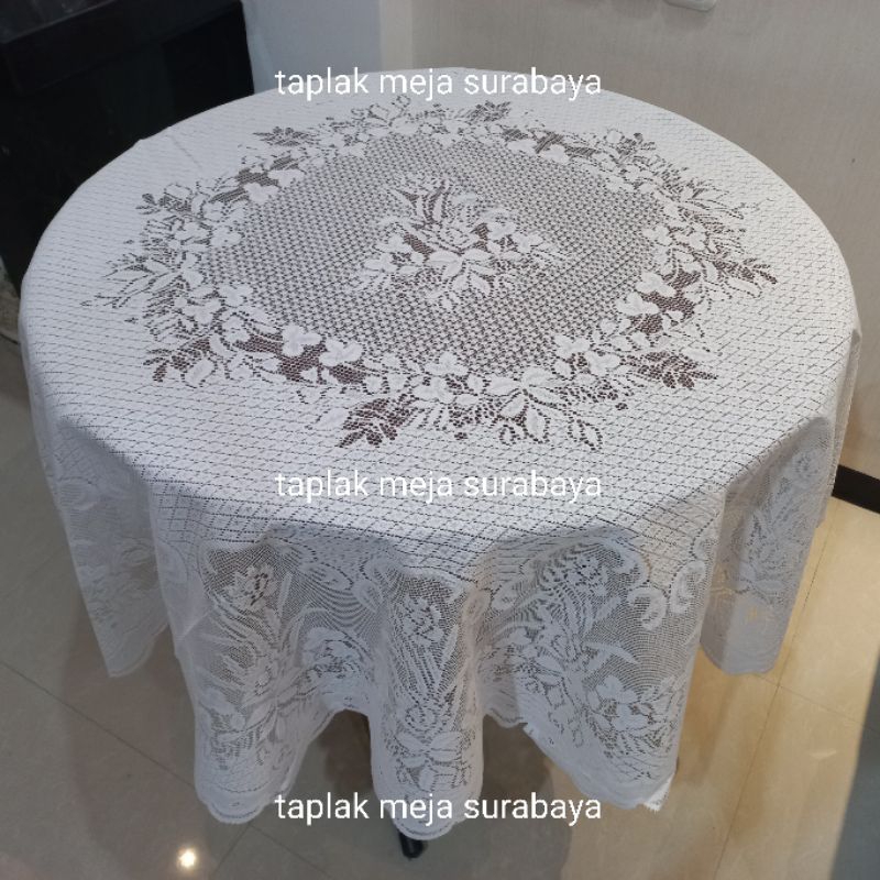 Taplak Meja Bulat Bundar 4 - 6 Kursi Diameter 180 cm Kain Brokat Warna Putih Bersih Klasik Vintage