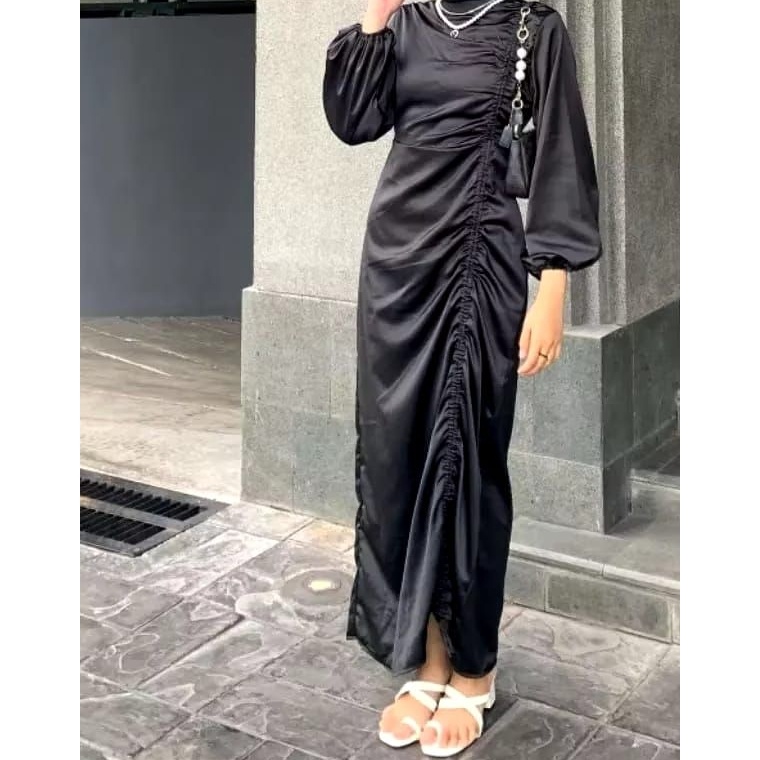 Harga Ekonomis New Arrival Dress Satin Korean Dress Lebaran Kondangan Lengan Panjang Dress satin mus