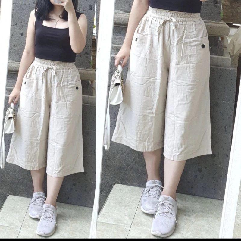 Celana Viona 7/8 Kulot Linen Cringkle Celana Kulot Jumbo Celana Wanita Santai buat sehari -hari/Cela