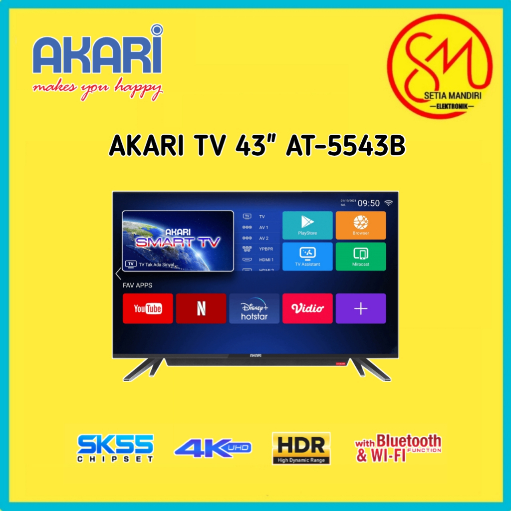 AKARI Smart Android TV LED 43 Inch HDR Digital DVB-T2 WiFi Bluetooth Tipe AT-5543B