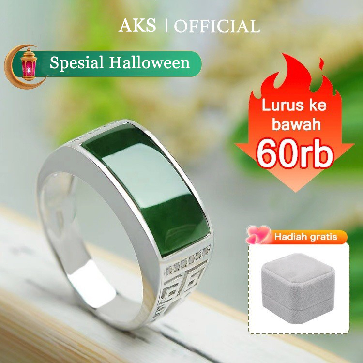 [100% Asli]AKS Cincin Giok Asli Pria Cincin Giok Hetian Cincin Giok Alami Gaya Retro Perak S925-Memb