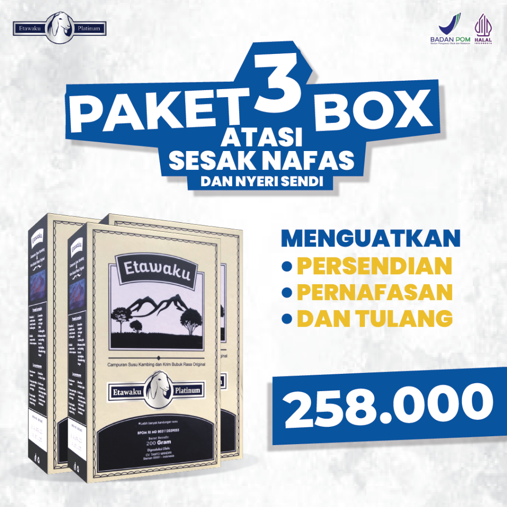 

Paket 3 Box Etawaku Platinum Susu Kambing Etawa Bantu Atasi Masalah Pernafasan dan Nyeri Sendi