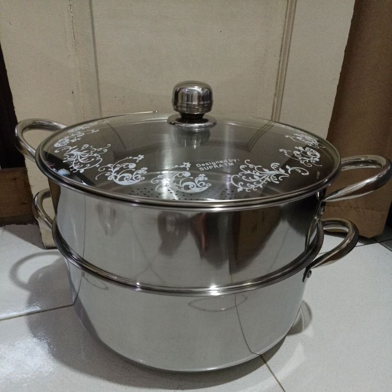 Panci Steamer Supra 36 cm susun 2 Stainless tutup kaca
