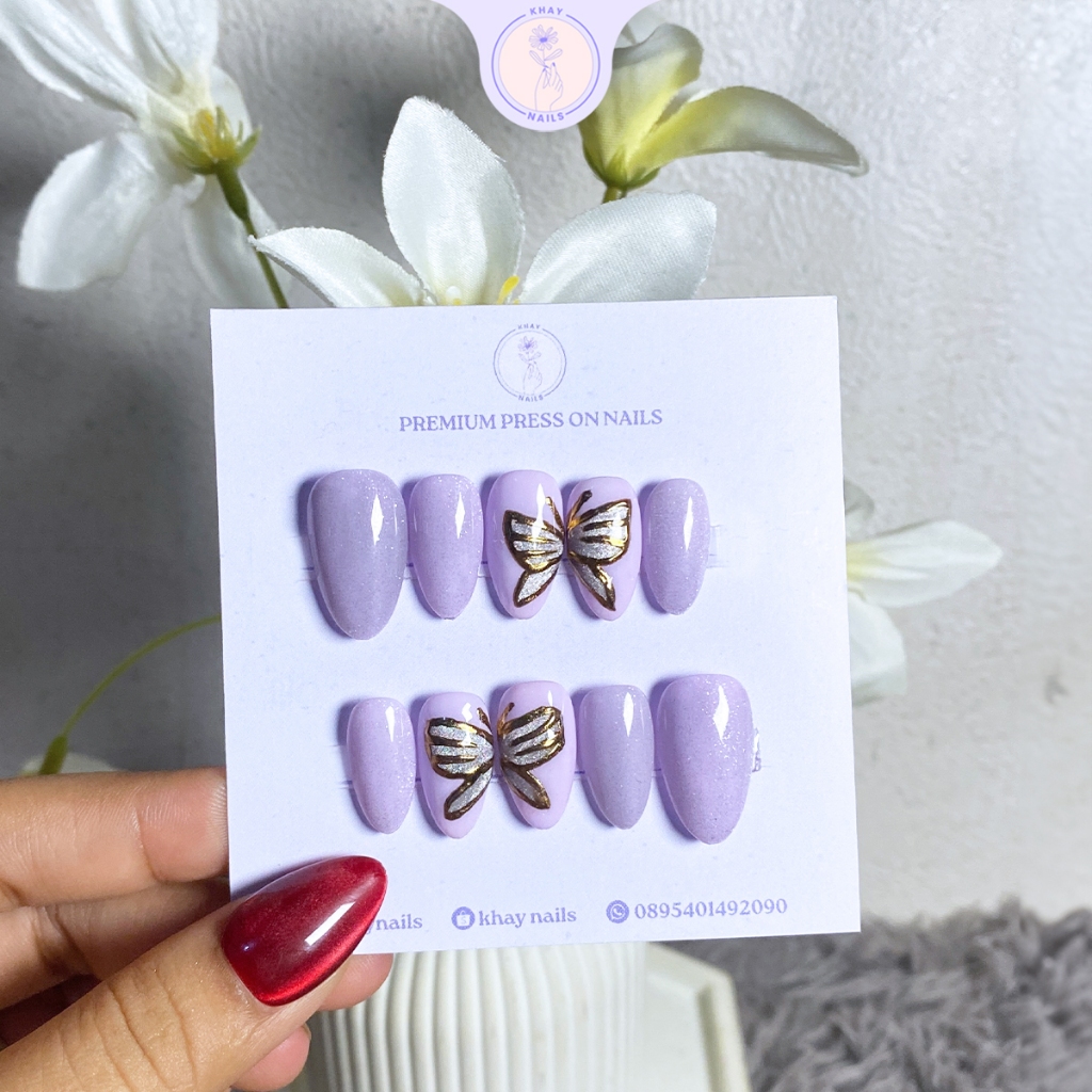 Kuku palsu/ nail art/ press on nails cat eye emboss warna ungu motif kupu-kupu Free Toolkit