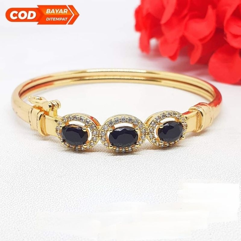 Gelang bangle wanita berlapis emas batu permata hitam aksesoris fashion GTB1310240