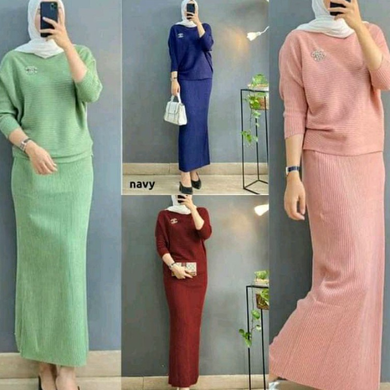 Baru Kejutan Setelan Rok Rajut Batwing  One Set Baju Rajut  Atasan Wanita Rajut  Rok Rajut Wanita  B