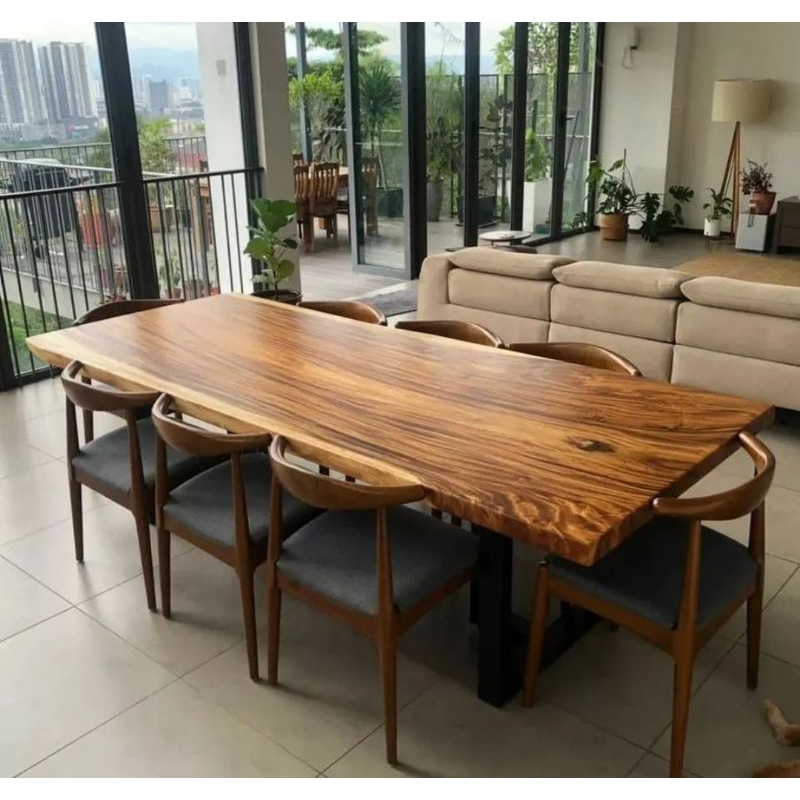 Meja makan trembesi solid,meja utuh,set meja makan kursi 8