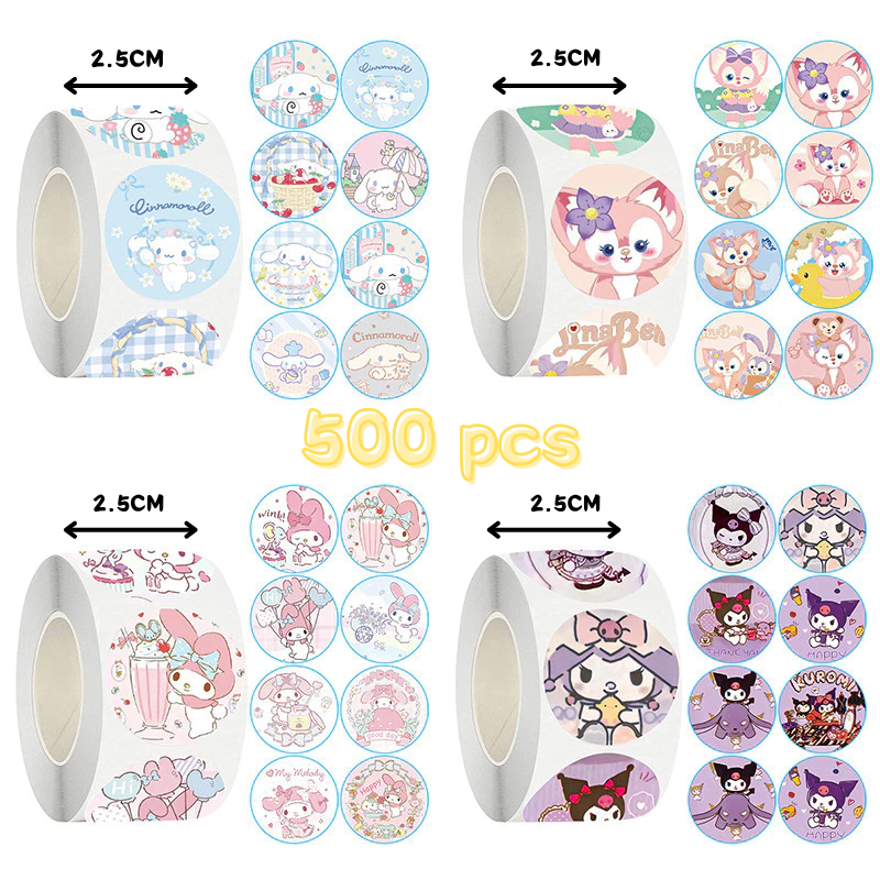 

[500 PCS]ROLL Stiker Perekat Anti-kering Sanrio Lucu Stiker Melingkar Dekorasi Kartun