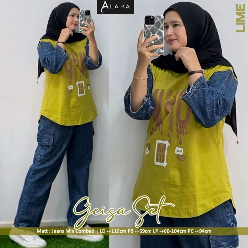 (COD) Geisha set ORI Alaika/ setelan wanita dewasa celana jeans mix blouse combed