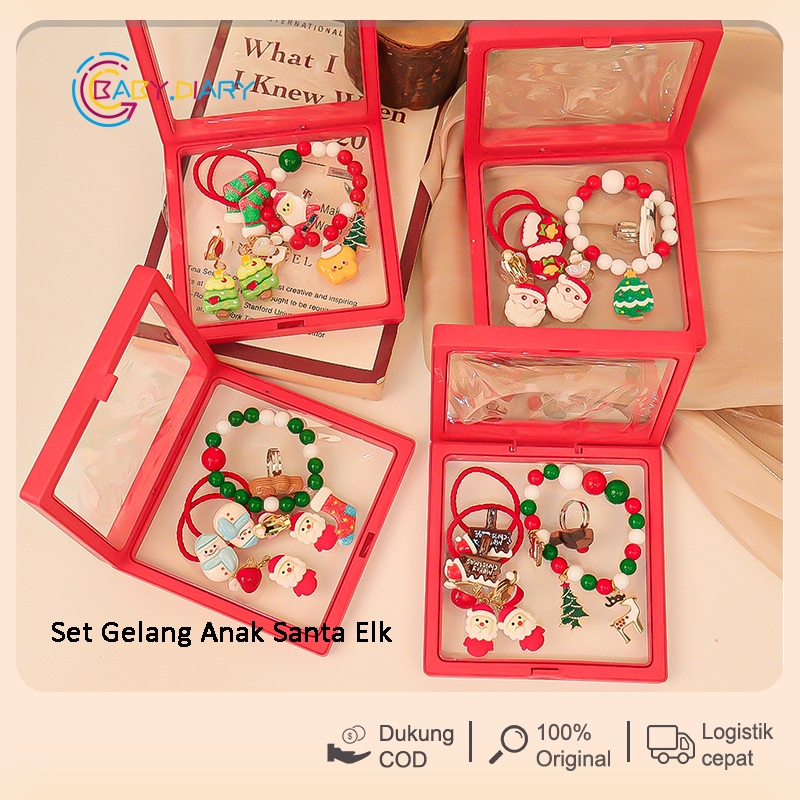 Set Gelang Anak Santa Elk / Klip Telinga Cincin Pesta Liburan / Perhiasan Anak Perempuan