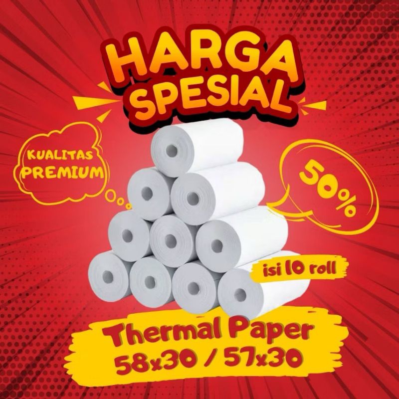 

￼10 ROLL KERTAS STRUK THERMAL PAPER ROLL 58MM 58X30 57X30 TERMAL EDC THERMAL PRINTER MINI BLUETOOTH 58MMX30MM CORELESS