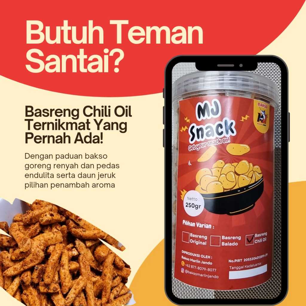 

Basreng Chili Oil MJ Snack ekstra daun jeruk kemasan 250gr