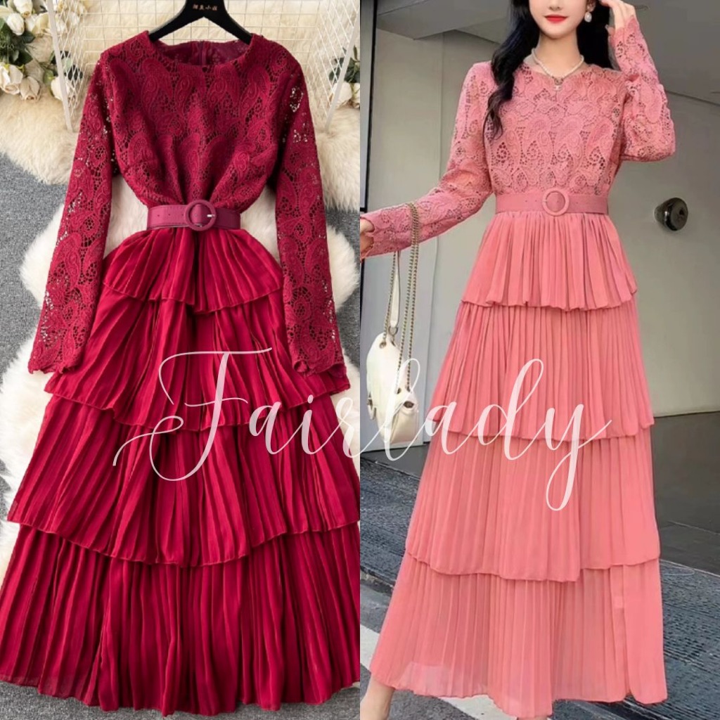 [READY STOCK FAIRLADY] LD 86-94 Anne Brukat Chiffon Maxi Dress Red Maroon/Lilac Korean Style