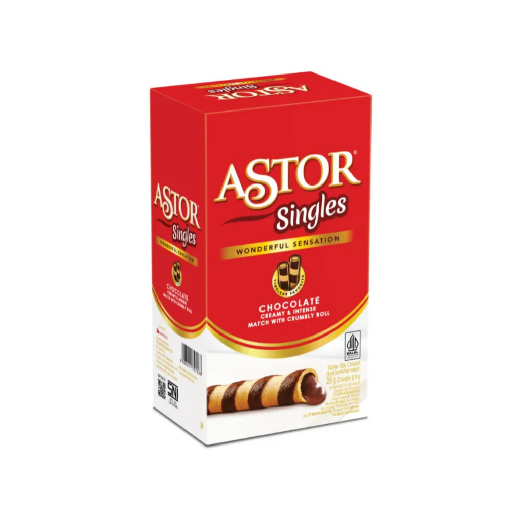 

Astor Singles 1 Pack 280gr isi 20pcs Wafer Stick Roll Double Chocolate Kemasan Box