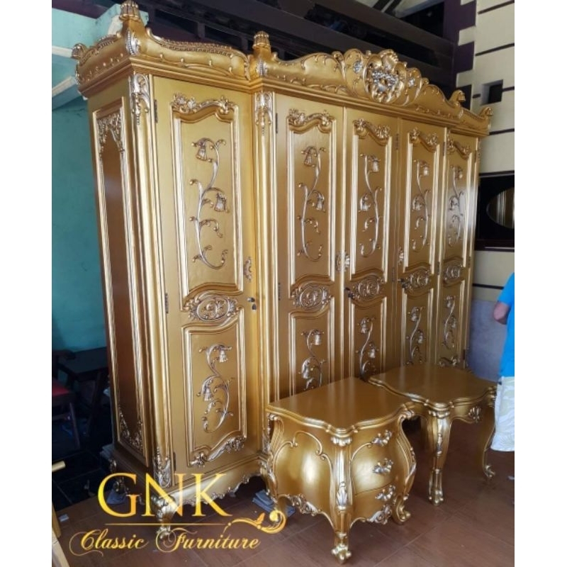 kamar set mewah kayu jati / lemari pakaian pintu 5 ukiran / tempat tidur klasik warna gold