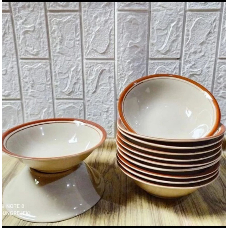 1 Lusin ( 12 pcs) Mangkok Kramik List Coklat Tebal