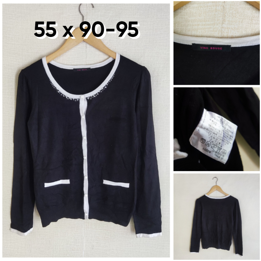 Cardigan Vino Rouge Hitam Lis Putih O Neck Size M Wanita Manik Leher Atasan Cewek Outer ED834