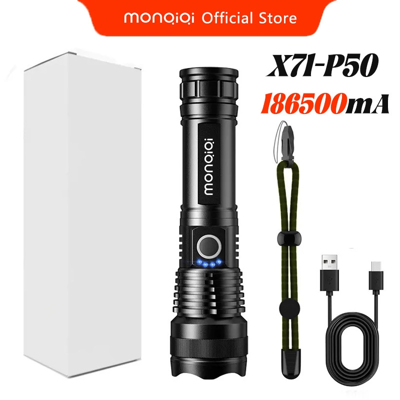 MONQIQI Senter LED Super Terang Jarak Jauh Flashlight USB Charge Super Zoom Senter Camping Lampu Sen