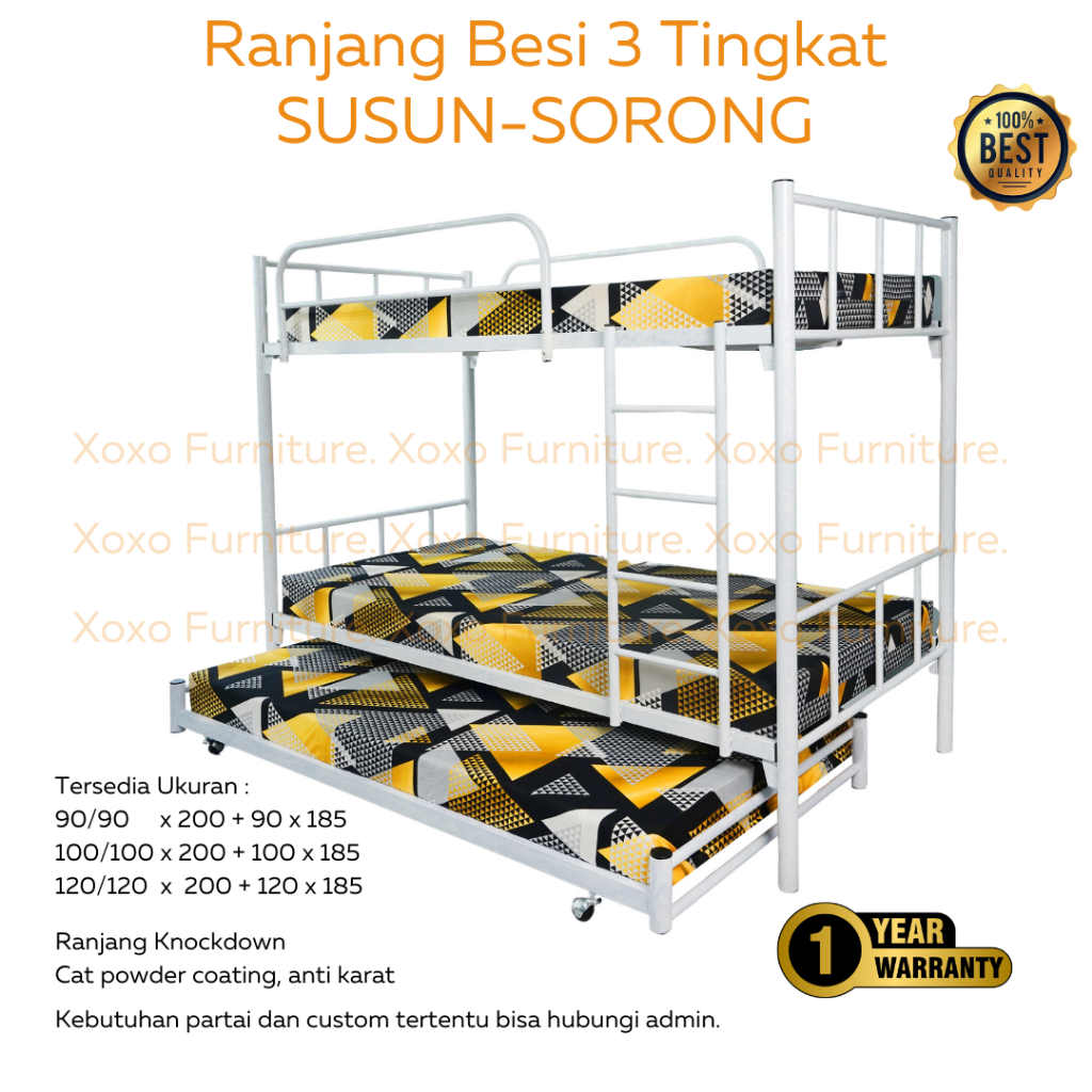 Ranjang Besi Susun Sorong 3 Tingkat 90x200 100x200 120x200 (2SS)