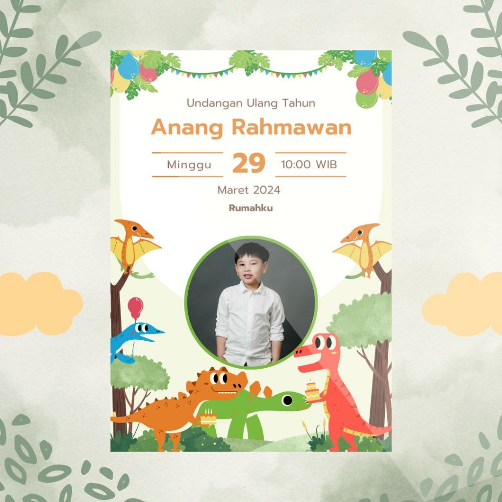 Undangan Ulang Tahun Birthday Invitation Ultah Anak tema dinosaurus D Potrait