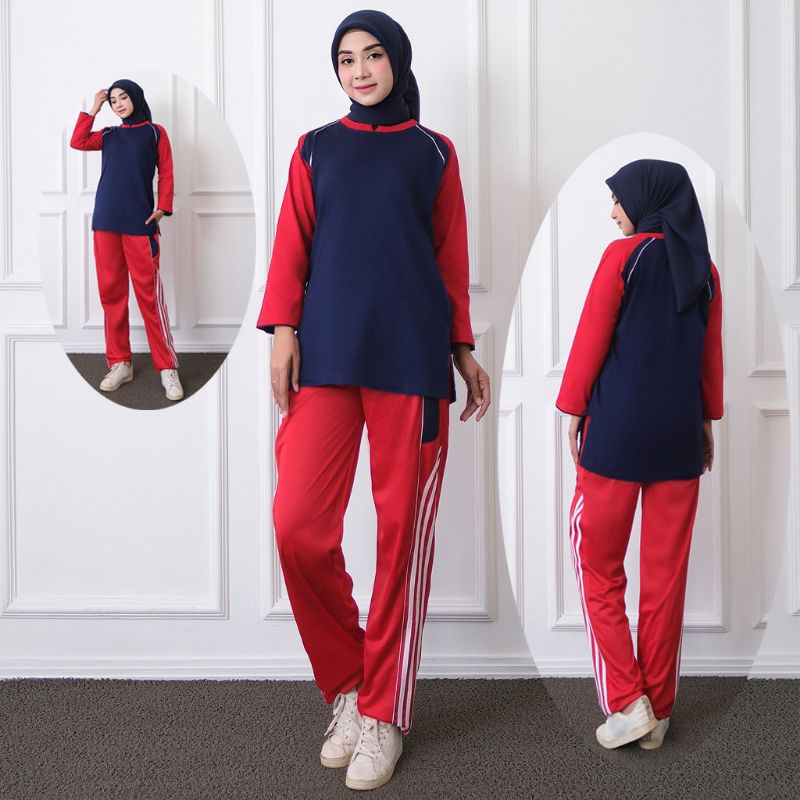 SETELAN BAJU REGLAN TUNIK LENGAN PANJANG MUSLIMAH SERAGAM OLAHRAGA SENAM WANITA SYAR'I HIJAB CELANA 
